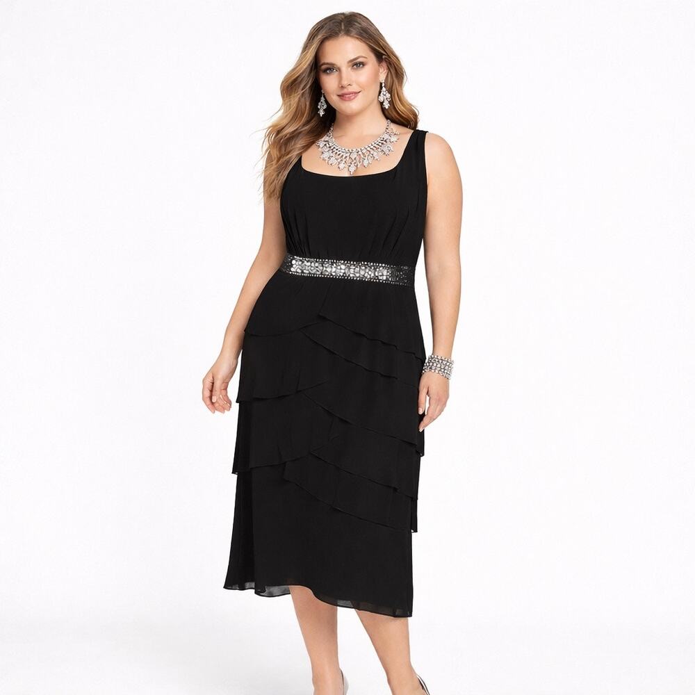 Alex Evenings Black Tiered Midi Dress 16W Rhinestone Waist Formal Quiet Luxury